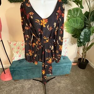 Eloquii Black Floral Wrap Blouse with Rust and Yellow Flowers